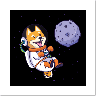 Shiba Inu in space next to moon planet Posters and Art